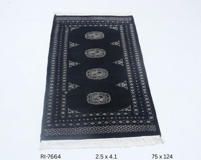 Hand-knotted Mori Bokhara Cotton and Wool Rug, Geomatrical in Black base and Black border, 2.5 x 4.1 ft