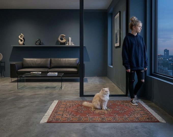 2.7 X 4.2 ft Copper Geomatrical Handmade ,Farsh-e-Nayle Cotton Wool and Silk touch