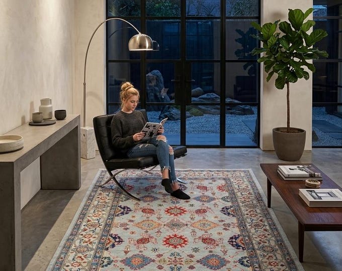 5.10 X 8.8 ft Gray and Beige Floral Handmade ,Oshak Wool