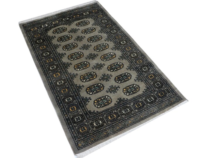 3.1 X 4.9 ft Gray Geomatrical Handmade, Mori Bokhara Cotton and Wool