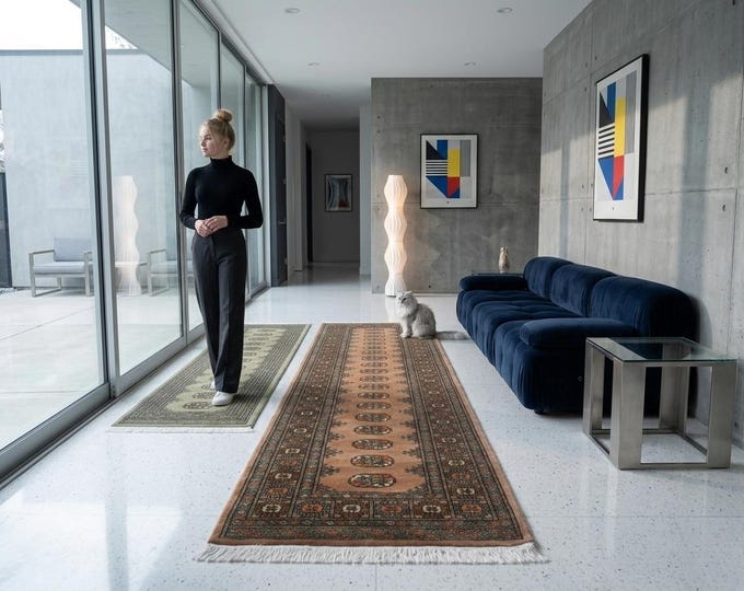 2.8 X 9.9 ft Copper Geomatrical Runner Handmade, Mori Bokhara Cotton and Wool