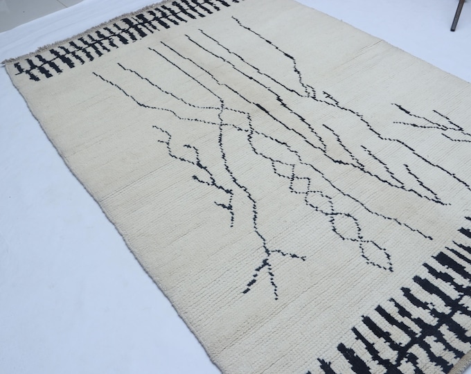 5 X 8 ft Handmade Geometrical Moroccan Rug, White, Cotton and Wool