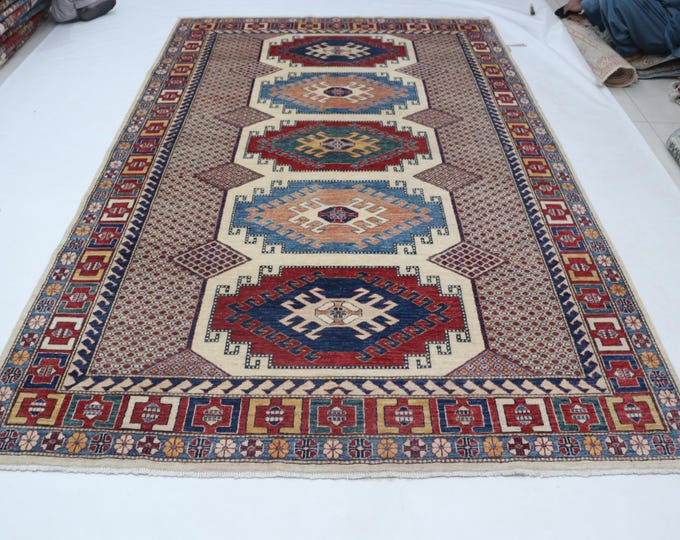 7 X 11 ft Beige and Red Geomatrical Handmade , Super Kazak Cotton and Wool