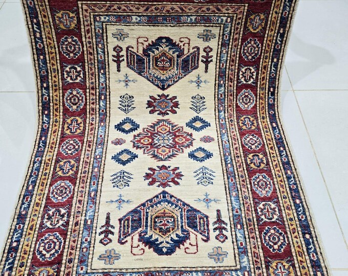 2.5 X 4 ft Handmade Geometrical Super Kazak Rug, Red and Beige, Cotton and Wool