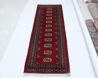 2.1 X 6.3 ft Red Geomatrical Runner Handmade, Mori Bokhara Cotton and Wool