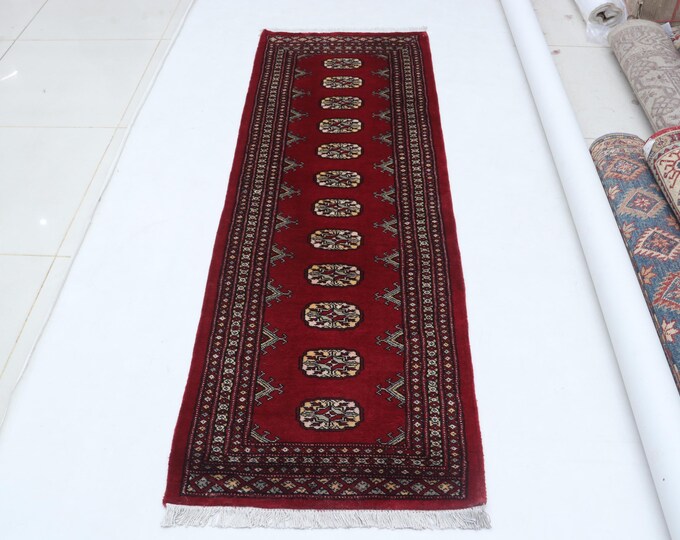 2.1 X 6.3 ft Red Geomatrical Runner Handmade, Mori Bokhara Cotton and Wool