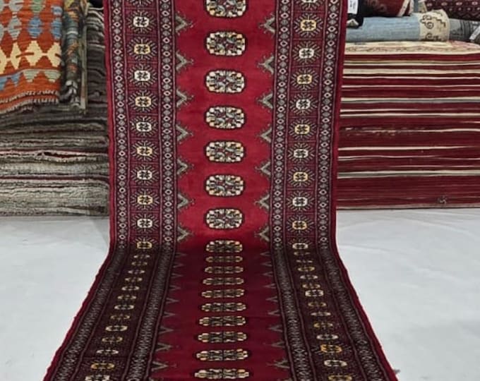 2.5 X 12 ft Red Geometrical Handmade Runner, Mori Bokhara Cotton and Wool