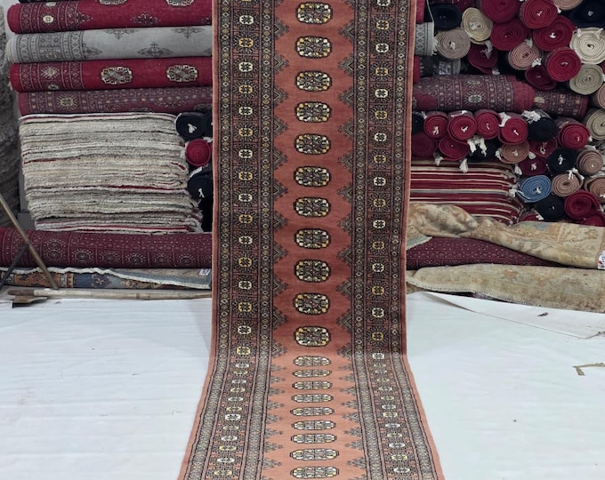 2 X 11 ft Copper Geomatrical Handmade Runner, Mori Bokhara Cotton and Wool