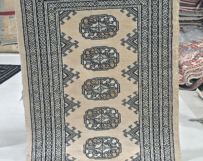 2 X 3 ft Beige Geometrical Handmade, Mori Bokhara Cotton and Wool