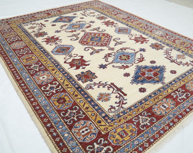 Handmade Kazak Wool Area Rug – 4'7x6'1, Beige Red Afghan Geometric Rug