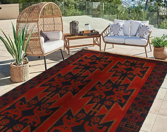 Hand-knotted Baluchi Blue and Orange, 3.93 x 6.56 ft