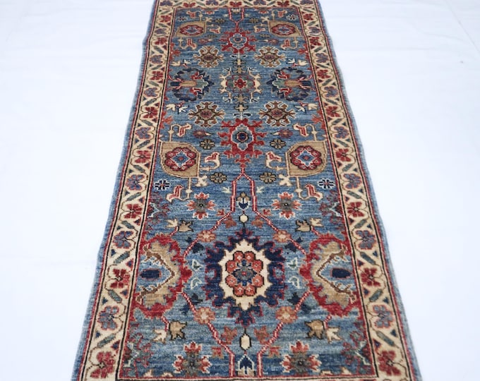 Gray Afghan Chobi Wool Runner Rug, Geometric Hand Knotted, 5 ft