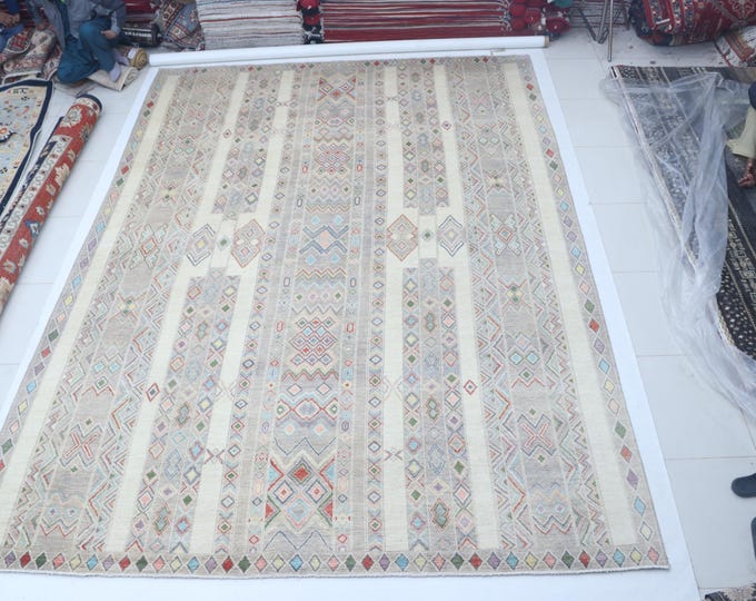 9.10 X 13.8 ft Beige Floral Handmade ,Heriz Cotton and Wool