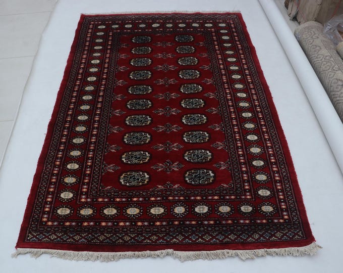 4.2 X 6.2 ft Red Geomatrical Handmade Runner, Mori Bokhara Cotton and Wool