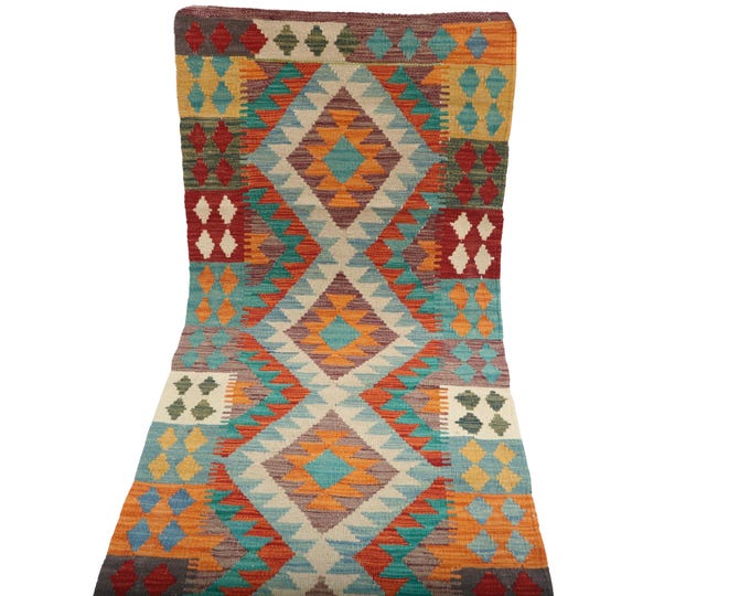 2.5 X 6 ft Runner Handmade Geometrical Killim Rug, Muilty, Wool