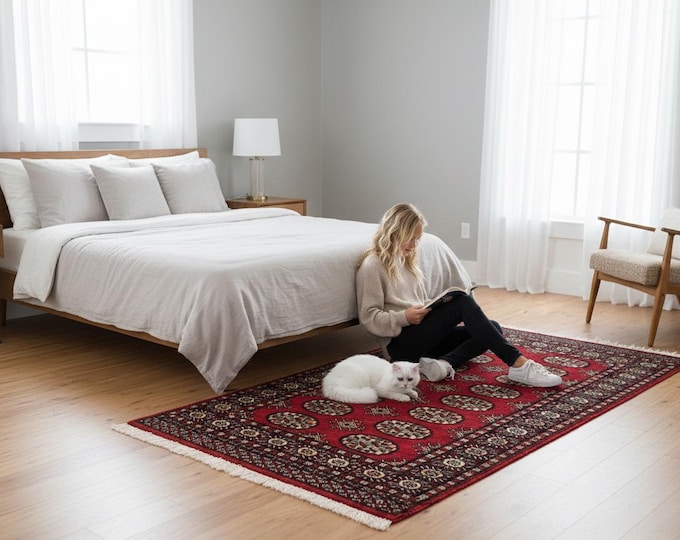 3.1 X 5.2 ft Red Geomatrical Handmade ,Mori Bokhara Cotton and Wool