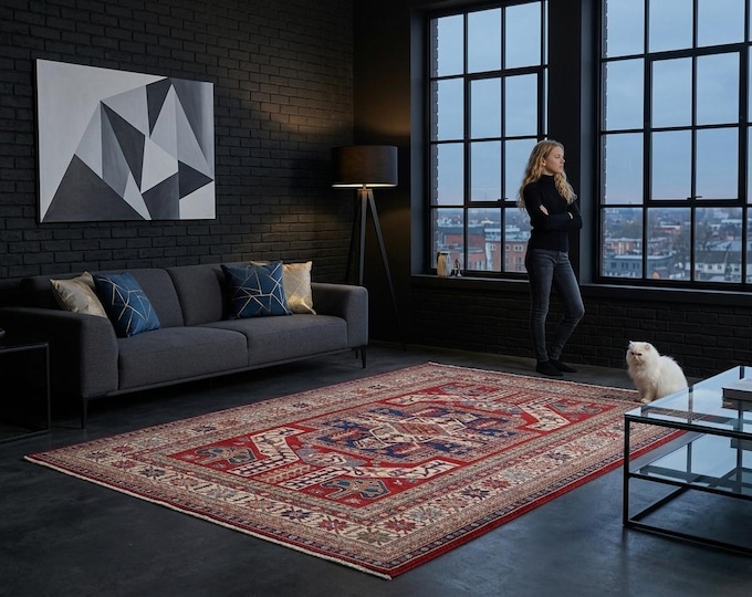 5 X 8 ft Red and Beige Geomatrical Handmade, Super Kazak Cotton and Wool