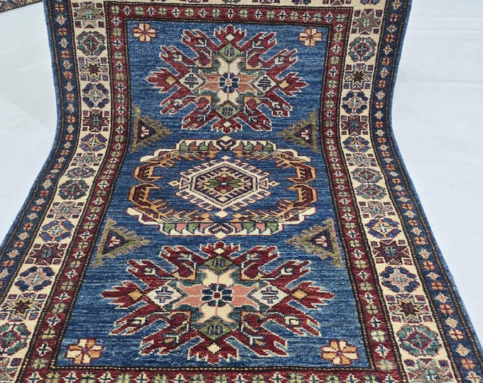 2.5 X 4 ft Handmade Geometrical Super Kazak Rug, Blue and Beige, Cotton and Wool