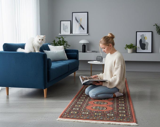 2.1 X 5.11 ft Copper Geomatrical Runner Handmade, Mori Bokhara Cotton and Wool