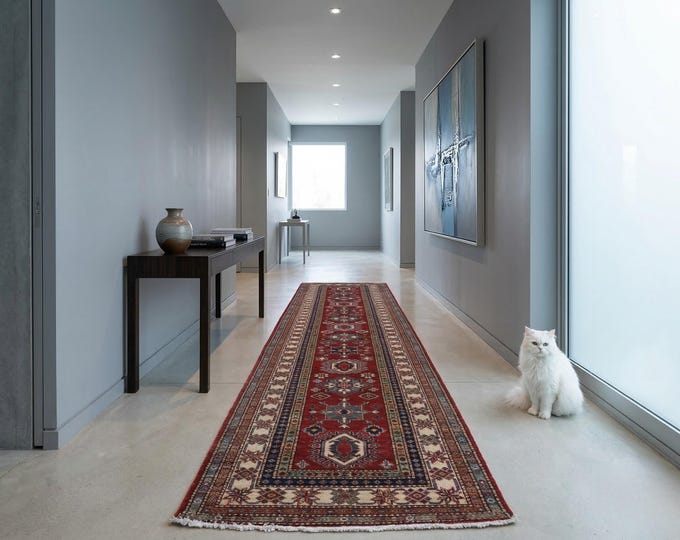 3 X 9 ft Red and Beige Geomatrical Handmade Runner , Super Kazak Cotton and Wool