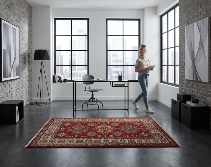 3 X 4 ft Red and Beige Geomatrical Handmade , Super Kazak Cotton and Wool