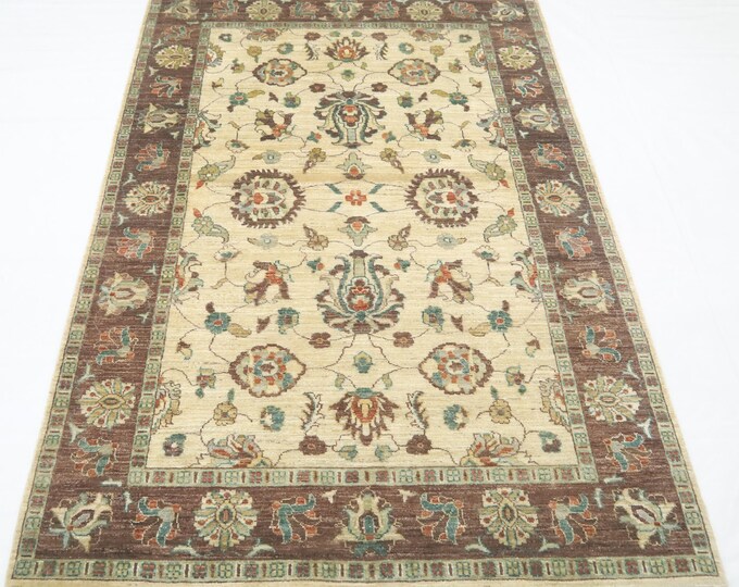 Handmade Afghan Chobi Wool Rug – 5x8 Beige Floral Area Rug