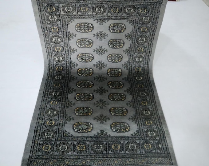 Hand Knotted Wool Mori Bokhara Rug, Gray Tribal Geometric Design (3x5 Ft)