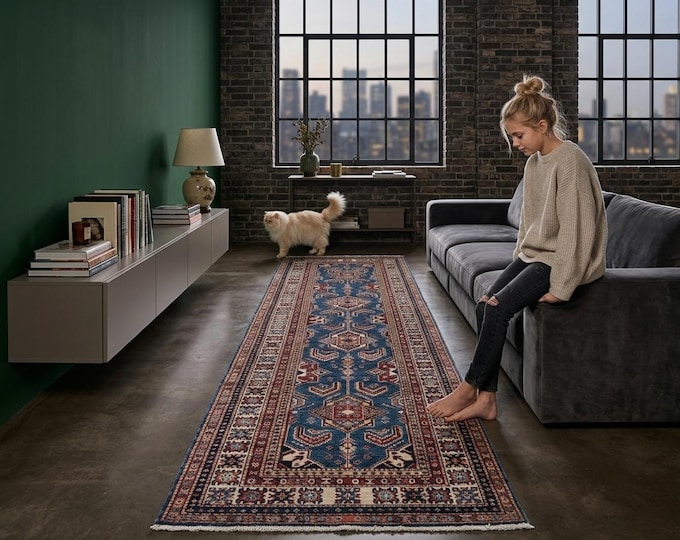 2 X 8 ft Blue and Beige Geomatrical Handmade Runner, Super Kazak Cotton and Wool