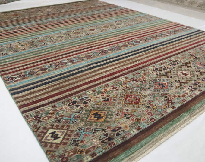 7x10 Afghan Khorjin Rug – Hand-Knotted Striped Wool Area Rug