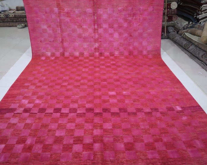 Pink Gabbeh Rug – 9x12 Afghan Handmade Checkered Wool Area Rug