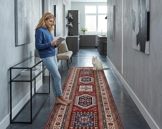 2.6 X 8.6 ft Red and Beige Geomatrical Handmade Runner, Super Kazak Cotton and Wool