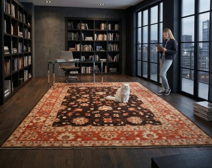 7.11 X 9.7 ft Brown and Copper Floral Handmade ,Heriz Cotton and Wool