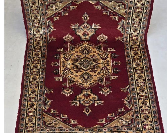 3 X 4 ft red and Yellow Geometrical Handmade, Tribal Rug Cotton, Wool and Silk touch