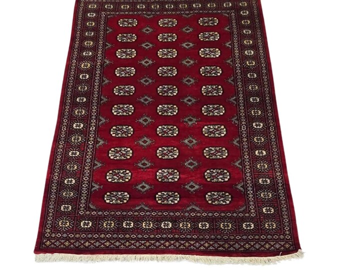 4 X 6 ft Red Geometrical Handmade , Mori Bokhara Cotton and Wool