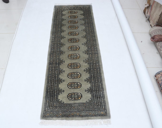 2.0 X 6.0 ft Gray Geomatrical Handmade, Mori Bokhara Cotton and Wool