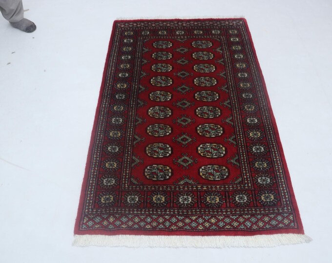 3.1 X 5.0 ft Red Geomatrical Handmade ,Mori Bokhara Cotton and Wool