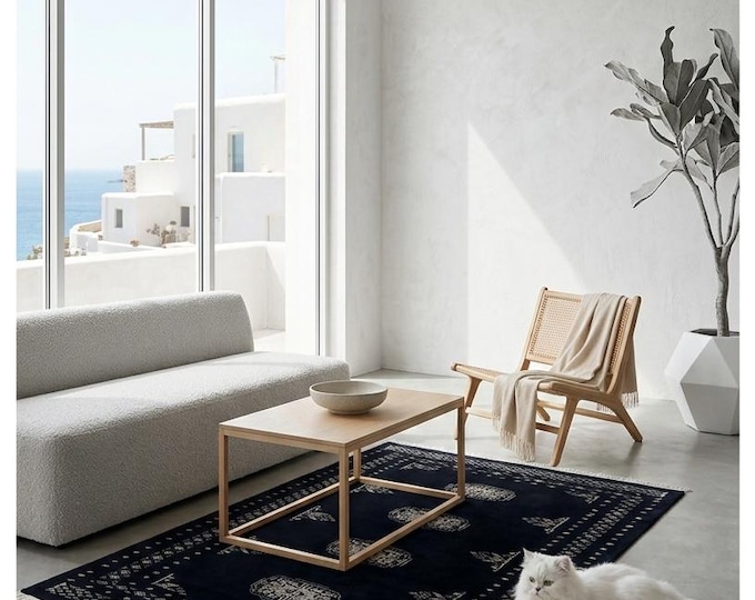 2.8 X 4.2 ft Black Geomatrical Handmade , Mori Bokhara Cotton and Wool