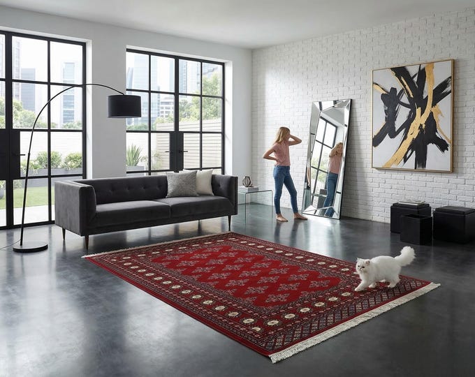 4 x 6 ft Red Geomatrical Handmade , Super Kazak Cotton and Wool