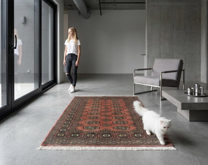 3.2 X 5.0 ft Copper Geomatrical Handmade ,Mori Bokhara Cotton and Wool