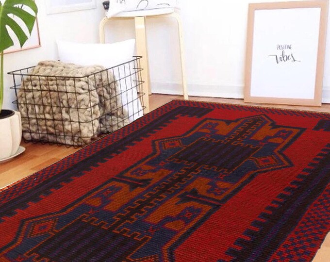 Hand-knotted Baluchi in Blue and Orange 2.95 x 4.59 ft