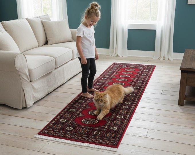 2.1 X 5.8 ft Red Geomatrical Runner Handmade, Mori Bokhara Cotton and Wool