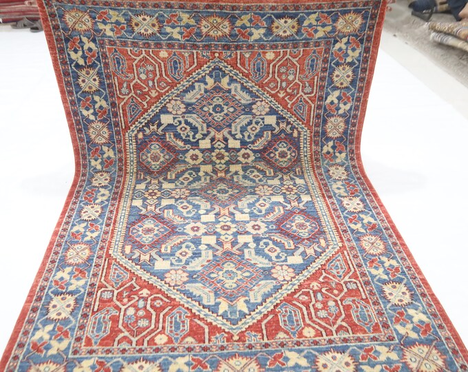 4x6 Afghan Chobi Wool Rug – Rust & Blue, Hand-Knotted