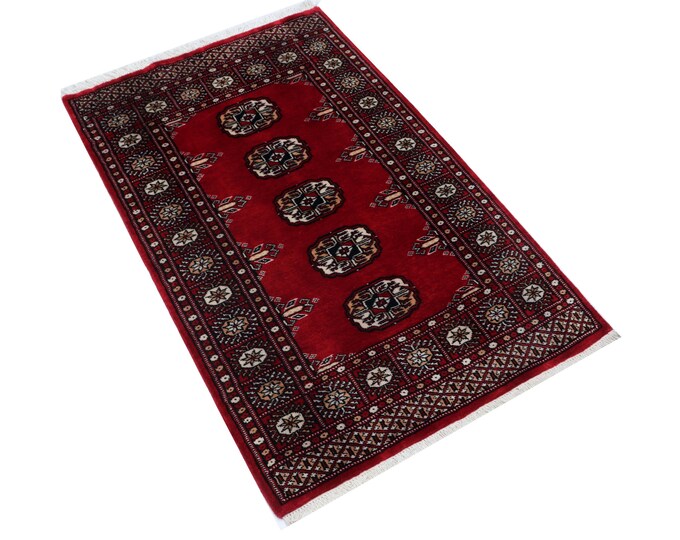 2.7 X 4.1 ft Red Geomatrical Handmade , Mori Bokhara Cotton and Wool