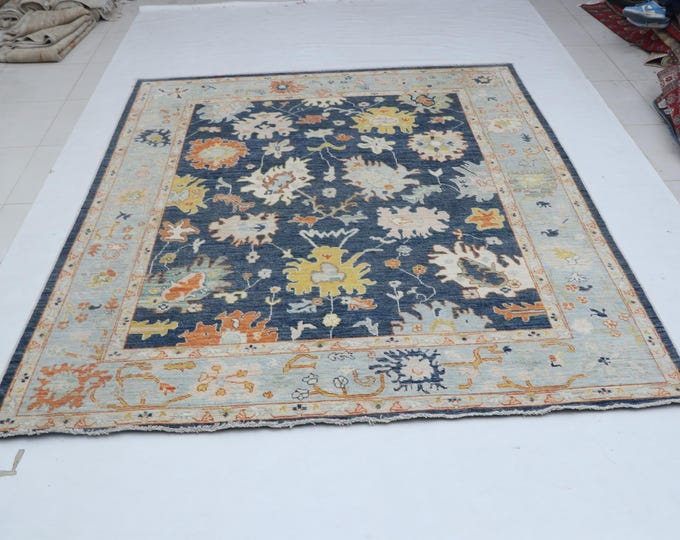 8.4 X 9.8 ft Blue and Beige Floral Handmade ,Oshak Wool