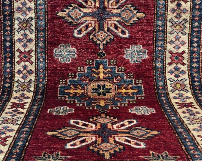 2 X 3 ft Handmade Floral Super Kazak Rug, Red and Beige, Cotton and Wool