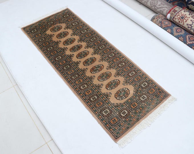 2.0 X 5.1 ft Copper Geomatrical Runner Handmade, Mori Bokhara Cotton and Wool