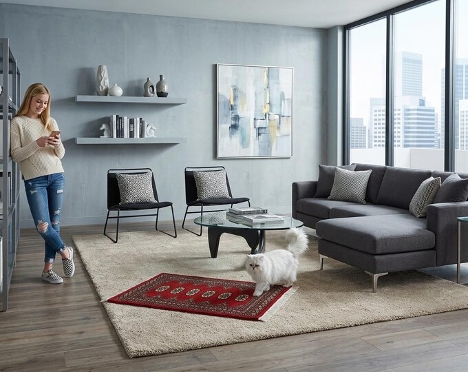 2.0 X 3.1 ft Red Geomatrical Handmade ,Mori Bokhara Cotton and Wool