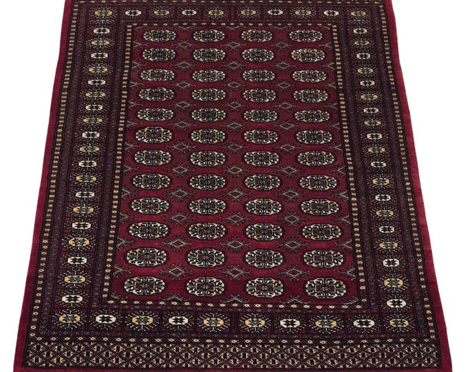 4 X 6 ft Red Geometrical Handmade , Mori Bokhara Cotton and Wool