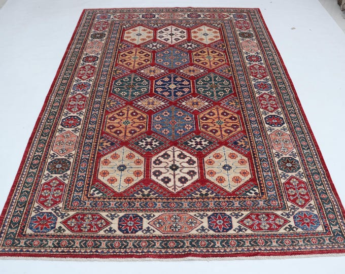 5.7 X 7.11 ft Red and Beige Geomatrical Handmade , Super Kazak Cotton and Wool