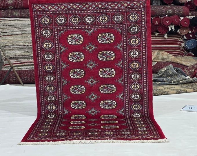 3 X 5 ft Red Geometrical Handmade, Mori Bokhara Cotton and Wool